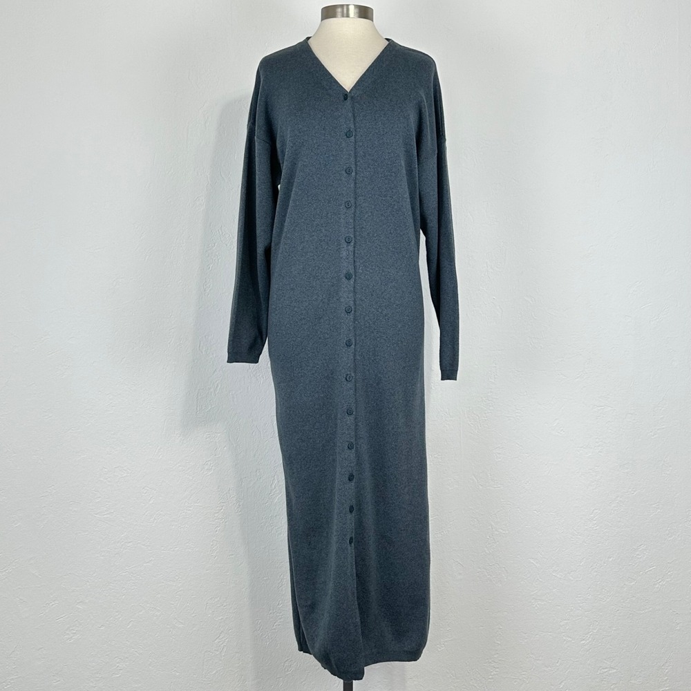 Vintage Eileen Fisher New York Maxi Sweater Dress Sz 1X Gray Button Long Sleeve